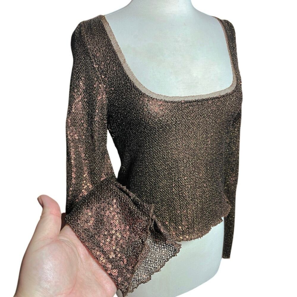 FREE PEOPLE Intimately Brown Sequin Square Neck Long Sleeve Top - Picture 3 of 5